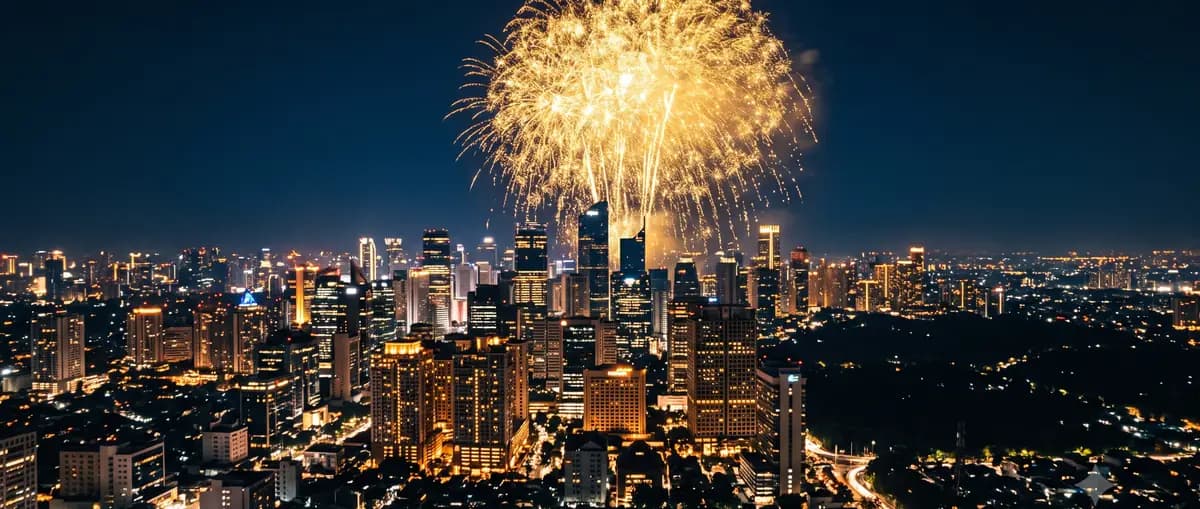 Kembang api tahun baru di atas siluet kota besar Indonesia pada malam hari