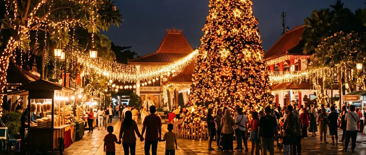 Dekorasi lampu Natal dan pohon Natal besar di kawasan kota Indonesia pada malam hari