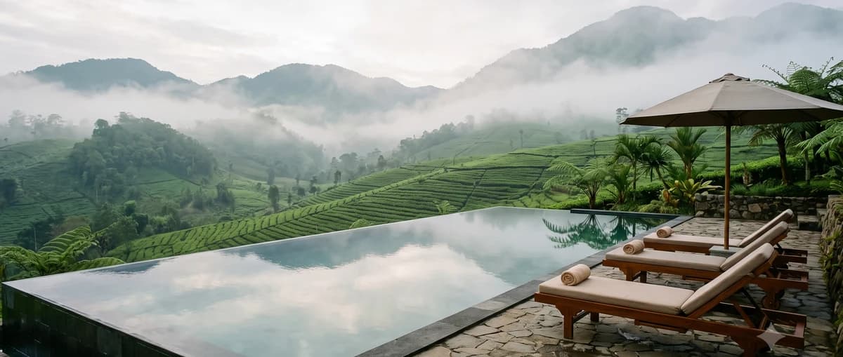 Kolam renang infinity resor pegunungan dengan pemandangan kebun teh berkabut di pagi hari