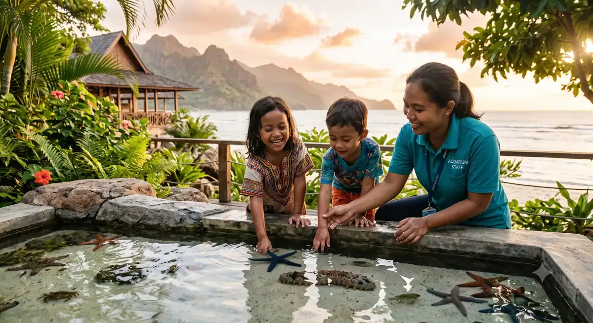 Anak-anak menyentuh biota laut di kolam sentuh akuarium dengan pengawasan staf