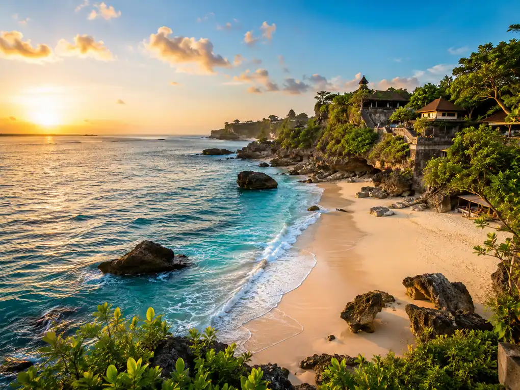 Suasana pantai di Bali dengan wisatawan menikmati liburan