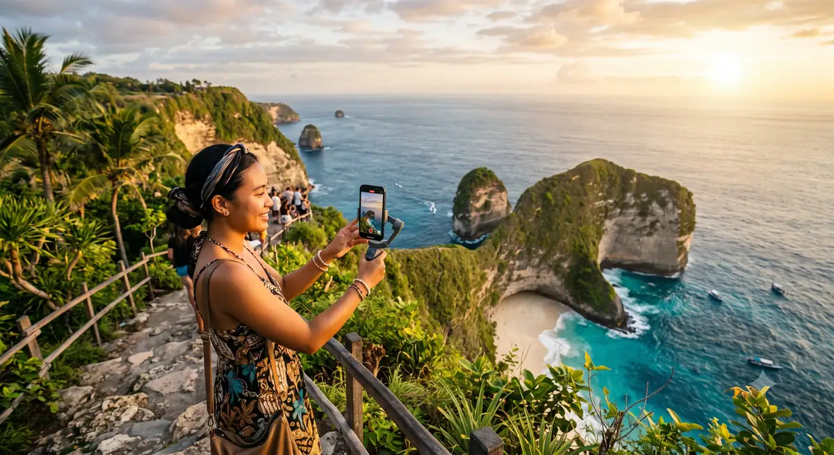 Merekam reels perjalanan dengan ponsel di destinasi wisata