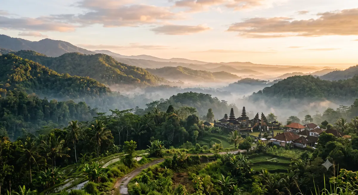 Suasana alam sepi dengan perbukitan dan kabut tipis yang menenangkan
