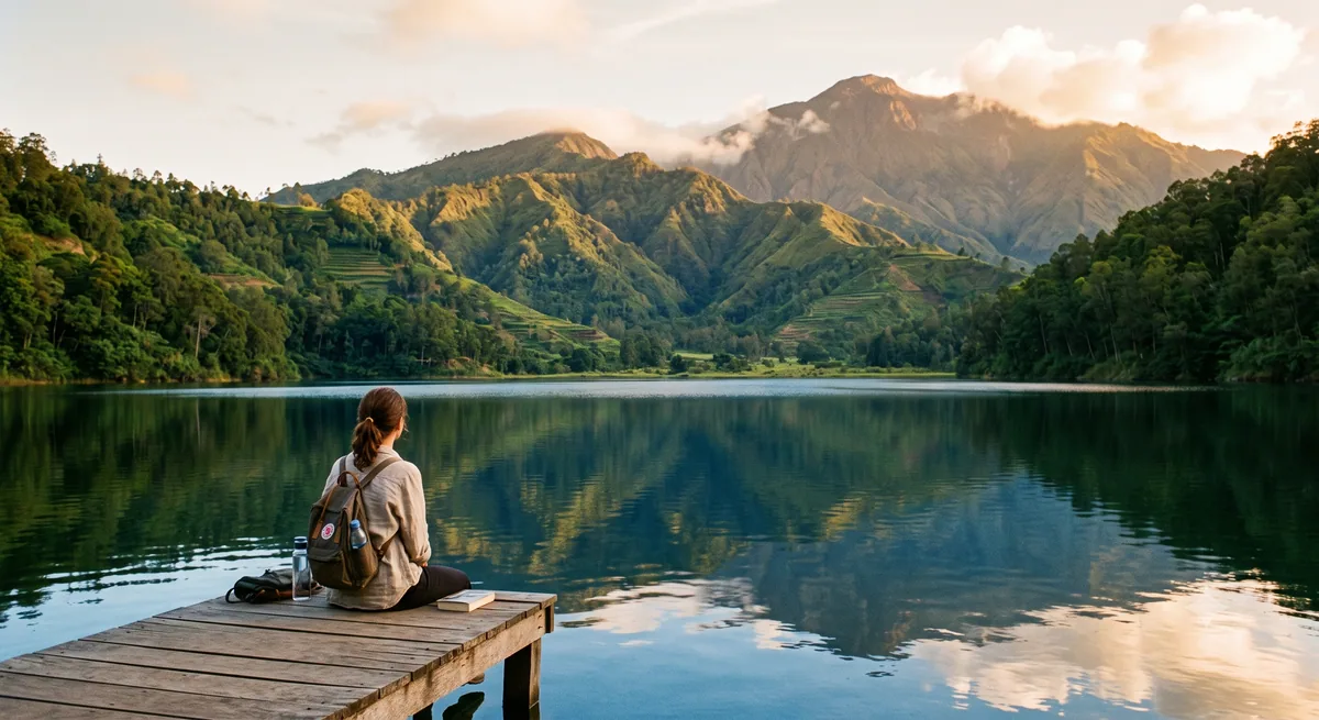 Danau tenang dengan pemandangan perbukitan cocok untuk traveler introvert