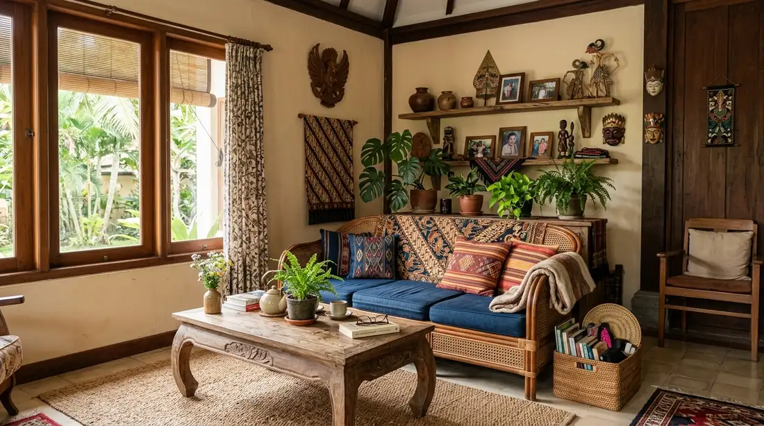 Ruang tamu homestay Indonesia dengan dekorasi tradisional dan suasana rumah