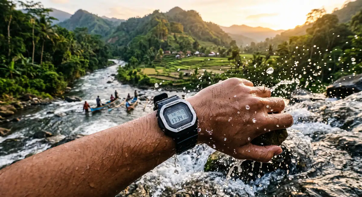 Jam tangan outdoor terkena percikan air saat aktivitas di sungai