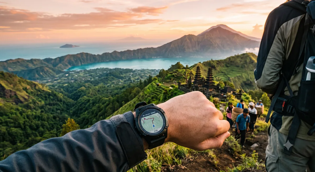 Tampilan layar jam tangan outdoor menampilkan rute navigasi GPS di gunung