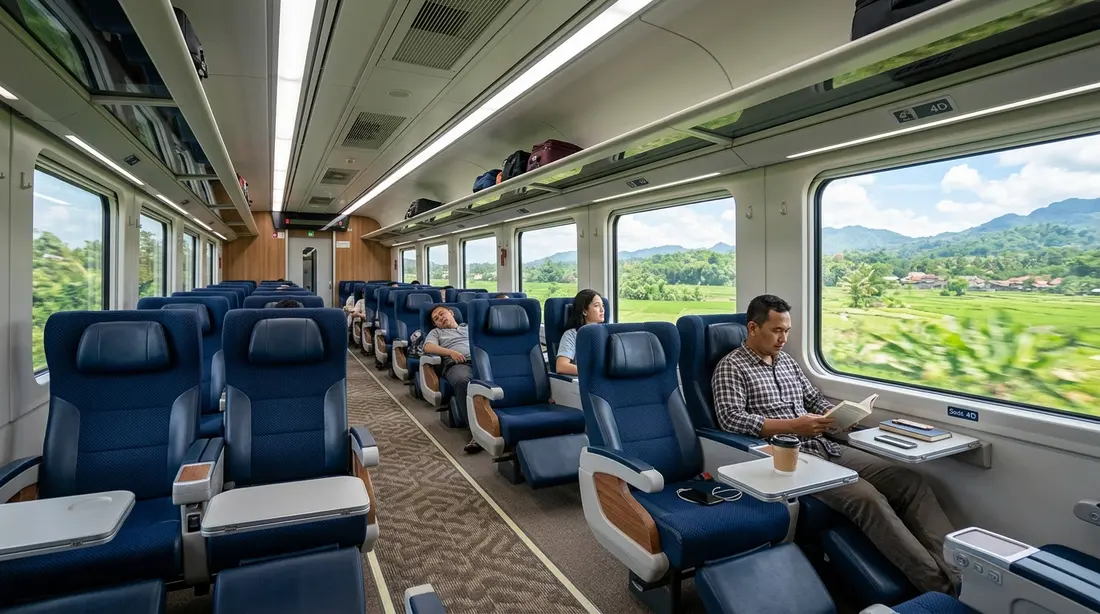Interior gerbong kereta eksekutif dengan kursi nyaman dan jendela lebar