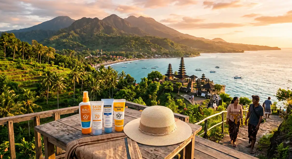 Sunscreen dan topi sebagai perlengkapan melindungi wisatawan dari paparan matahari saat traveling