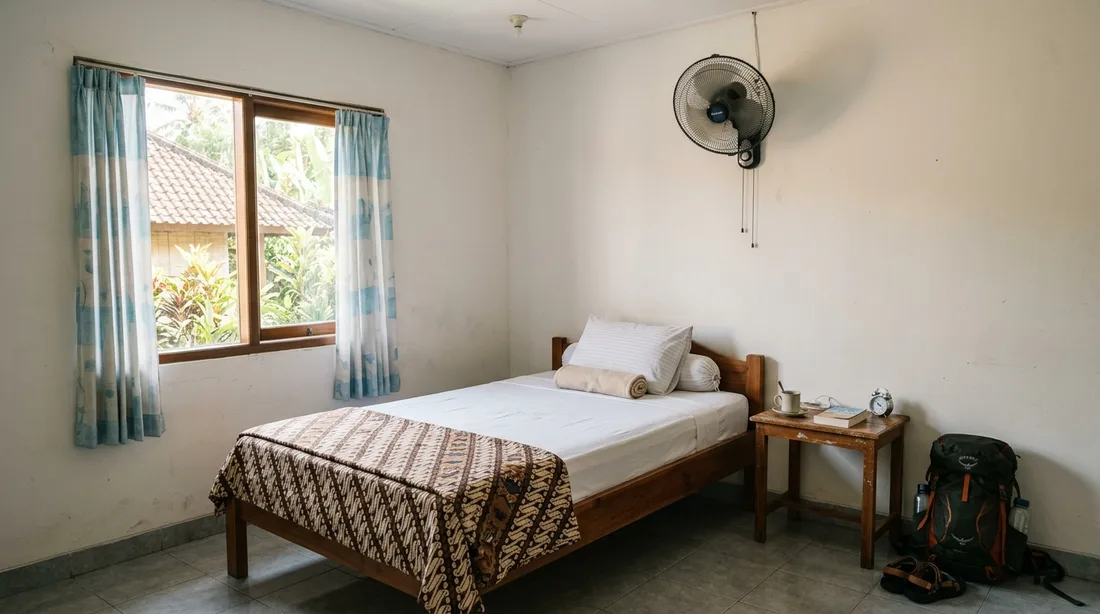 Kamar penginapan sederhana yang bersih dengan kipas angin