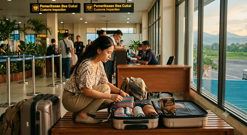 Penumpang menata barang bawaan di koper sebelum pemeriksaan bea cukai