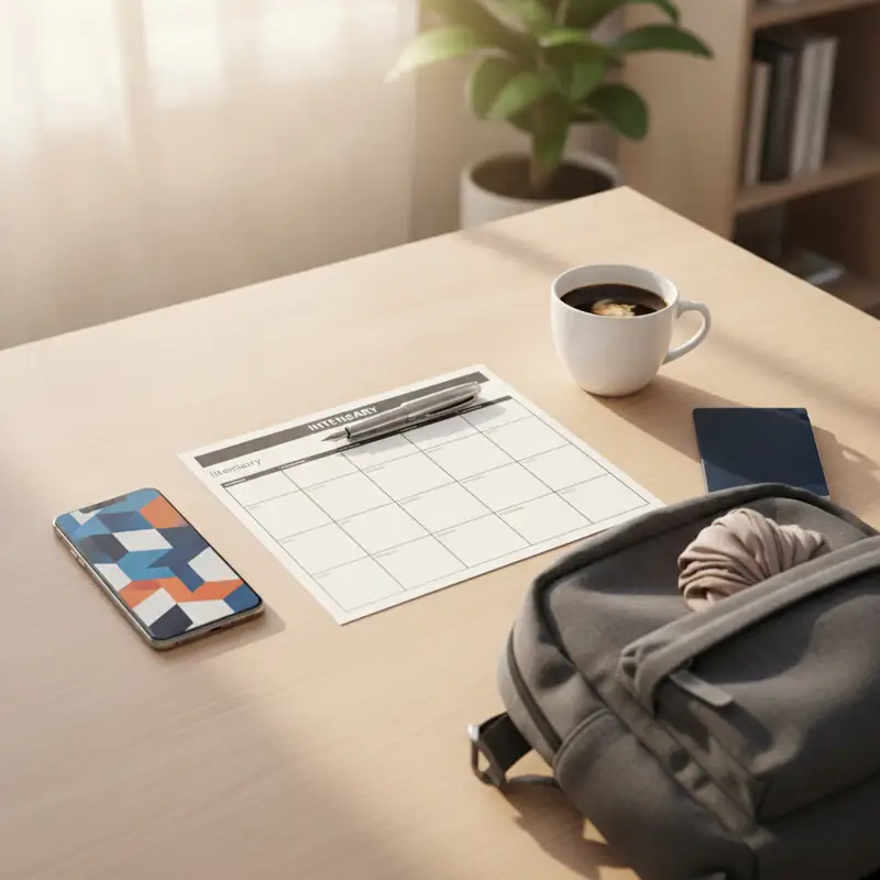 Meja dengan itinerary dan perlengkapan perjalanan untuk merencanakan bleisure