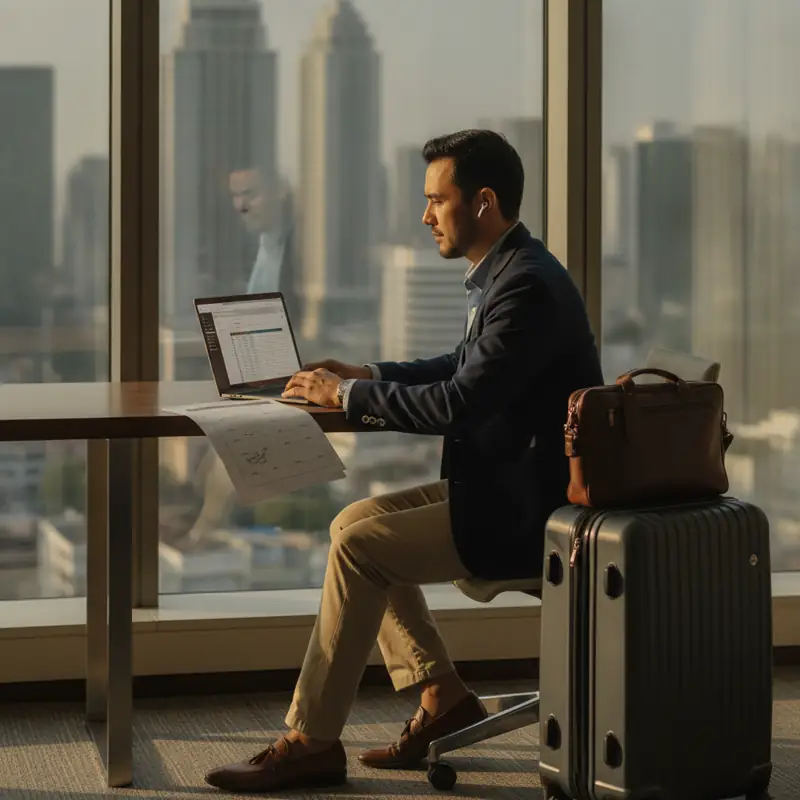 Profesional bekerja di meja hotel dengan koper dalam perjalanan bleisure