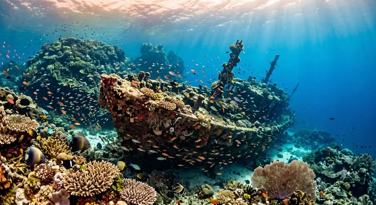 Bangkai kapal yang sudah tertutup karang di dasar laut