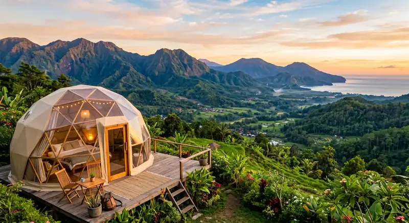 Tenda glamping dome geodesik dengan pemandangan pegunungan