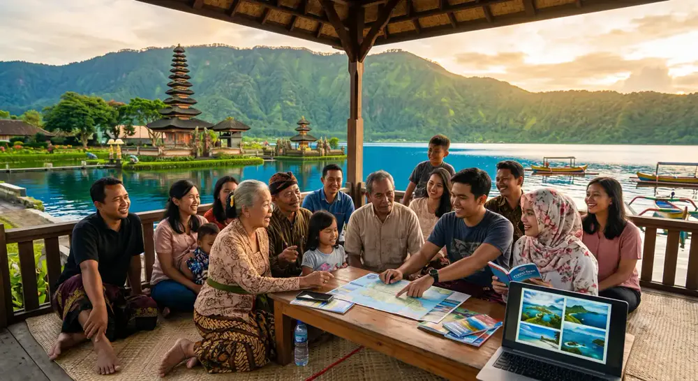 Keluarga menyusun rencana liburan sekolah dengan peta dan catatan perjalanan