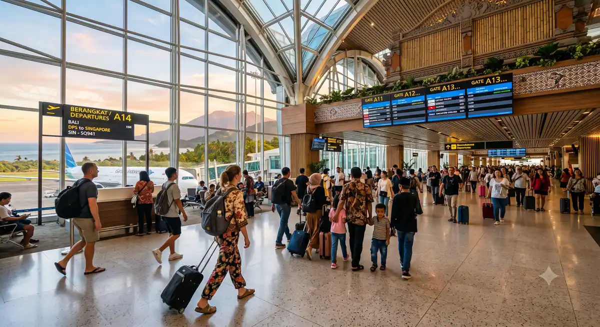 Pelancong menunggu keberangkatan internasional di terminal bandara