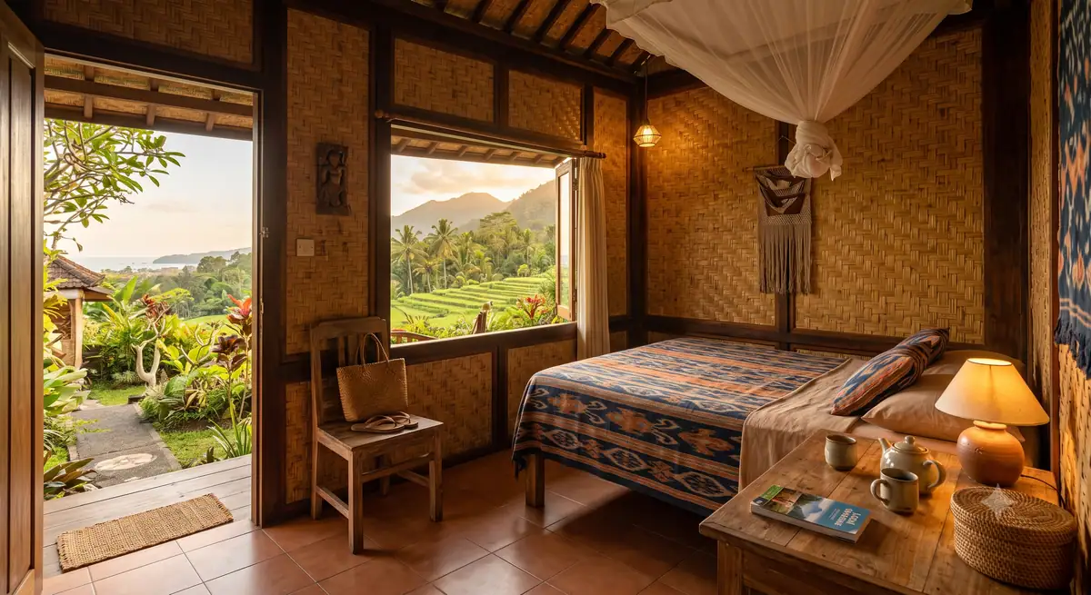 Kamar homestay tradisional dengan pemandangan sawah di Bali