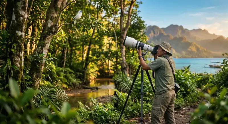 Fotografer menggunakan kamera berlensa telefoto di lingkungan luar ruang