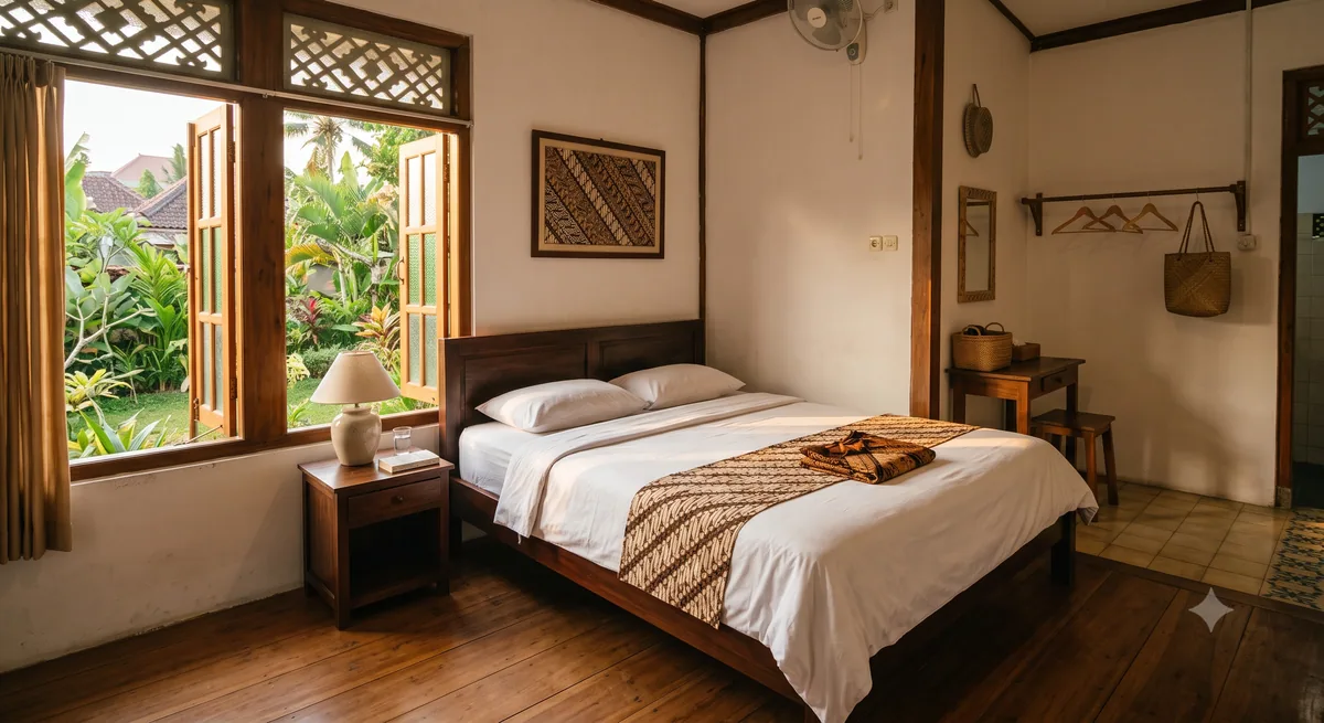 Kamar guesthouse bergaya Jawa yang bersih dan nyaman di Jogja