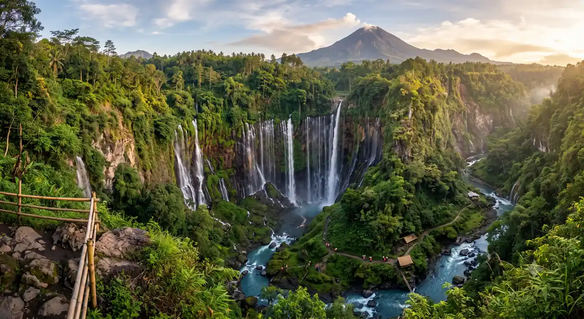 Air Terjun Tumpak Sewu berbentuk tirai melingkar di lembah Lumajang