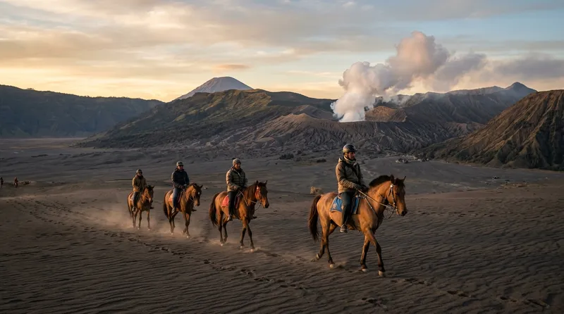 Wisatawan berkuda melintasi lautan pasir di kawasan Gunung Bromo