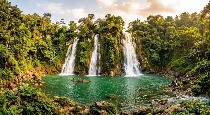 Tiga aliran Curug Cikaso di Sukabumi jatuh ke kolam hijau