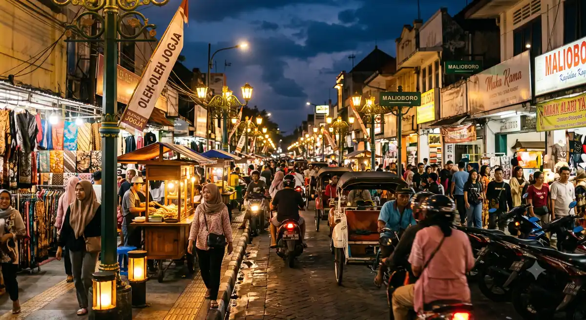 Suasana Jalan Malioboro yang ramai oleh wisatawan di malam hari