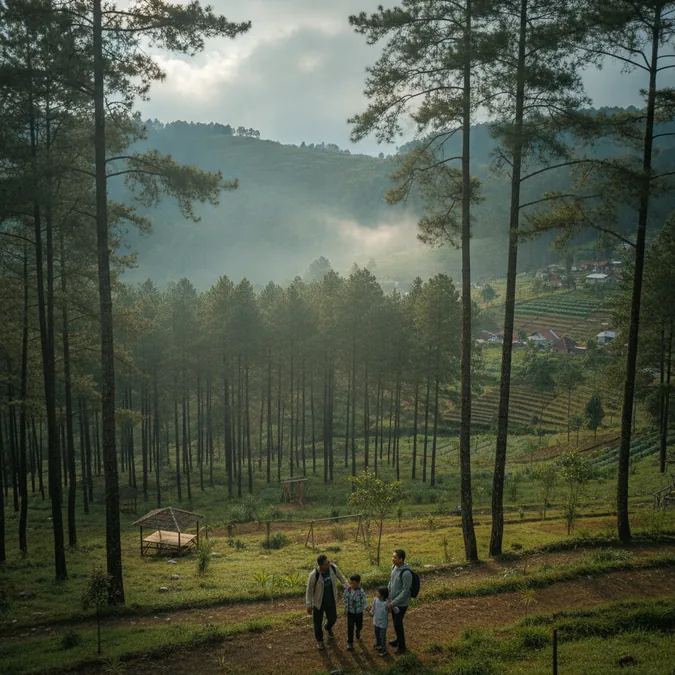 Lereng Gunung Merbabu dengan ladang sayur dan kabut tipis